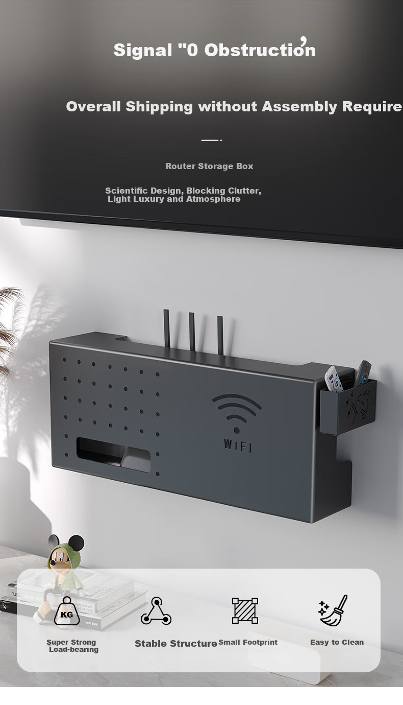 Shuranjia Router Storage Box, Wireless WiFi TV Set-Top Box Shelf, Carbon Steel Black, Size 06 1