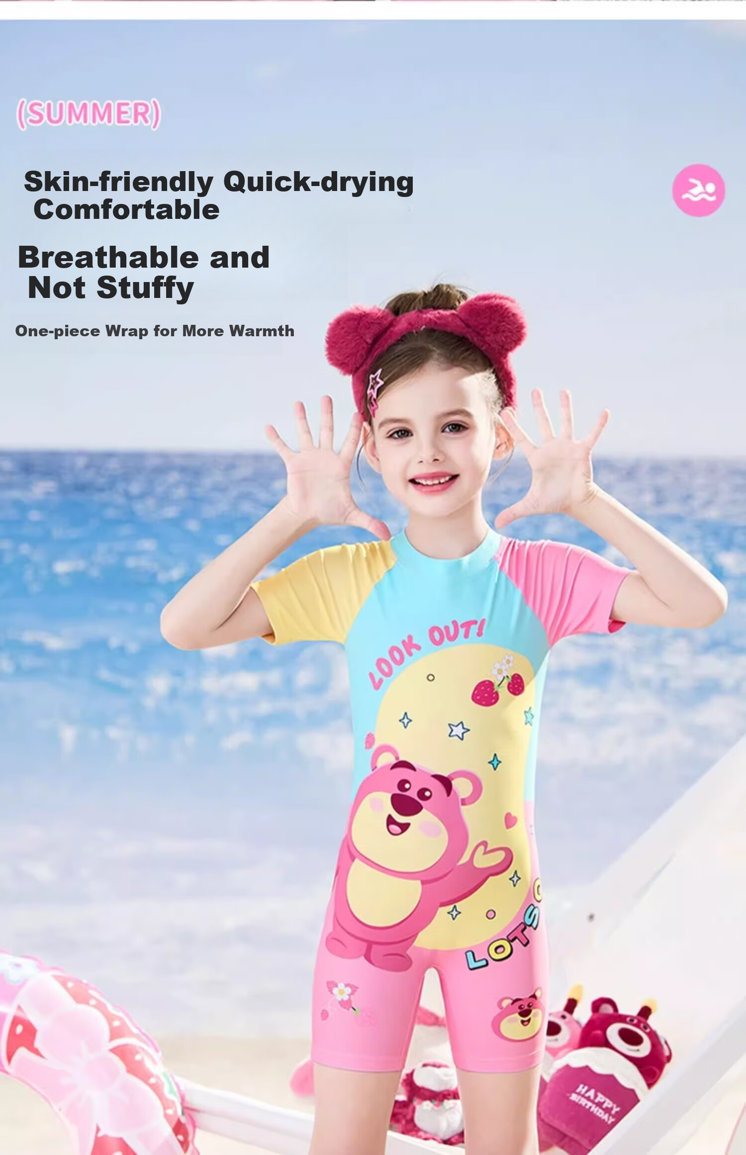 Dishini Girls' One-Piece Swimsuit with Square Leg, Professional Training Swimming Set for Ages 6-12, D35405 Strawberry Bear, Size 120 3