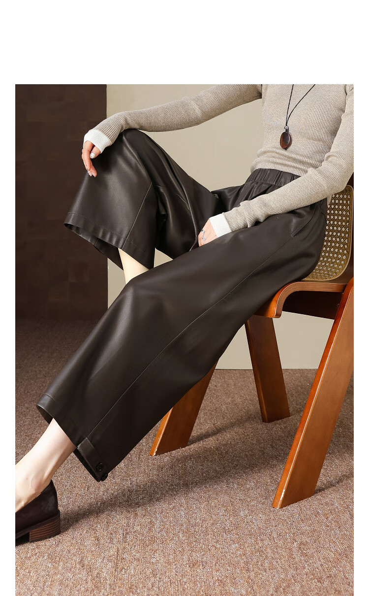 Demana [Button Adjustable Cuff] Winter Glossy PU Elastic High-Waist Cropped Straight-Leg Loose Women's Casual Pants 1