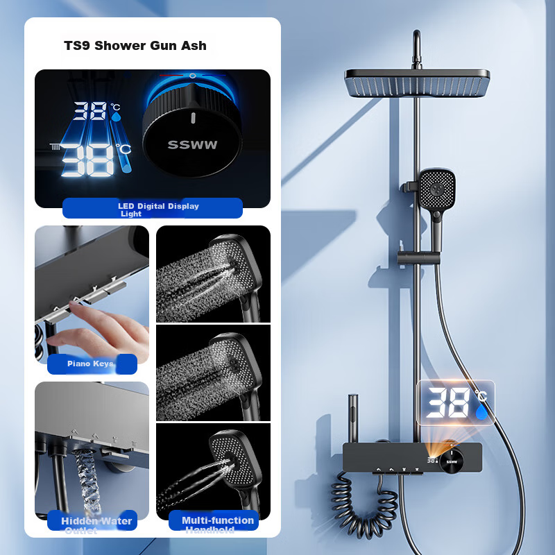 SSWW Intelligent Piano Shower Head, Massage, Pressure-Boosting Top Spray, Water Temperature Display, High-Quality Copper Plumbing TS9