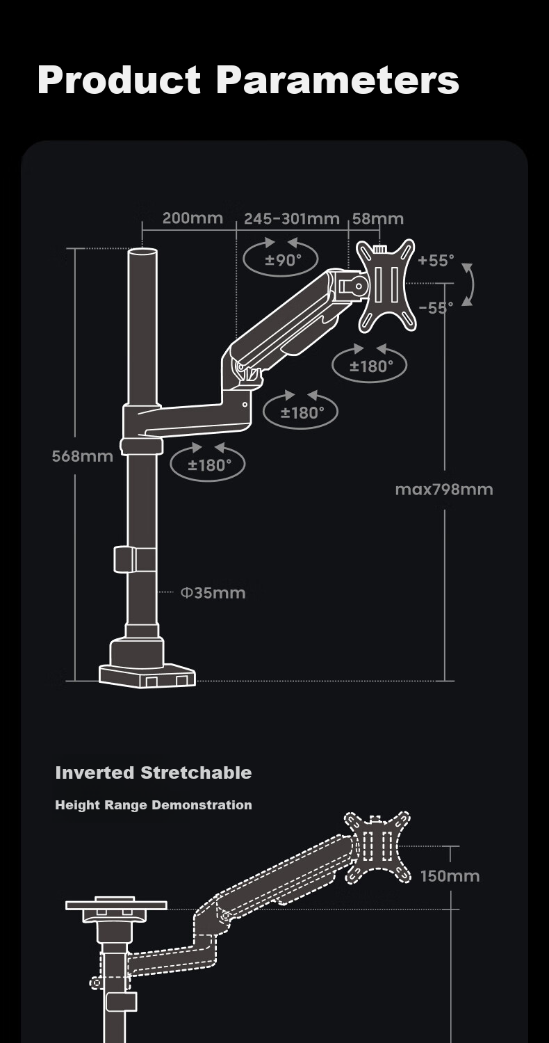 Brateck Beihu Monitor Stand, Inverted Mechanical Arm, Computer Stand Desktop Clamp Base, Inverted Screen Lifting Arm E350pd Black 17-32 Inch, Dormitory Suspended Bracket 19