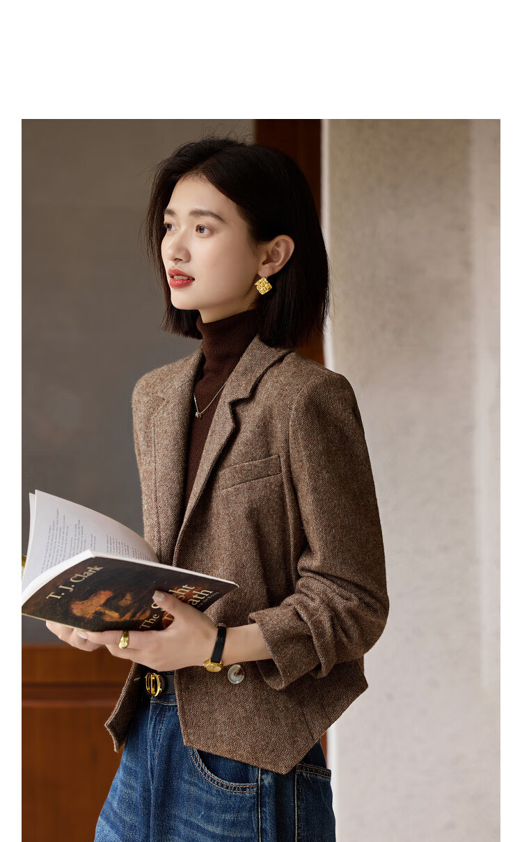 Demana [Smart Elite] Autumn Small Fragrance Style Shearling Wool Notched Lapel Double-Breasted Pleated Waist Women's Blazer Jacket 3
