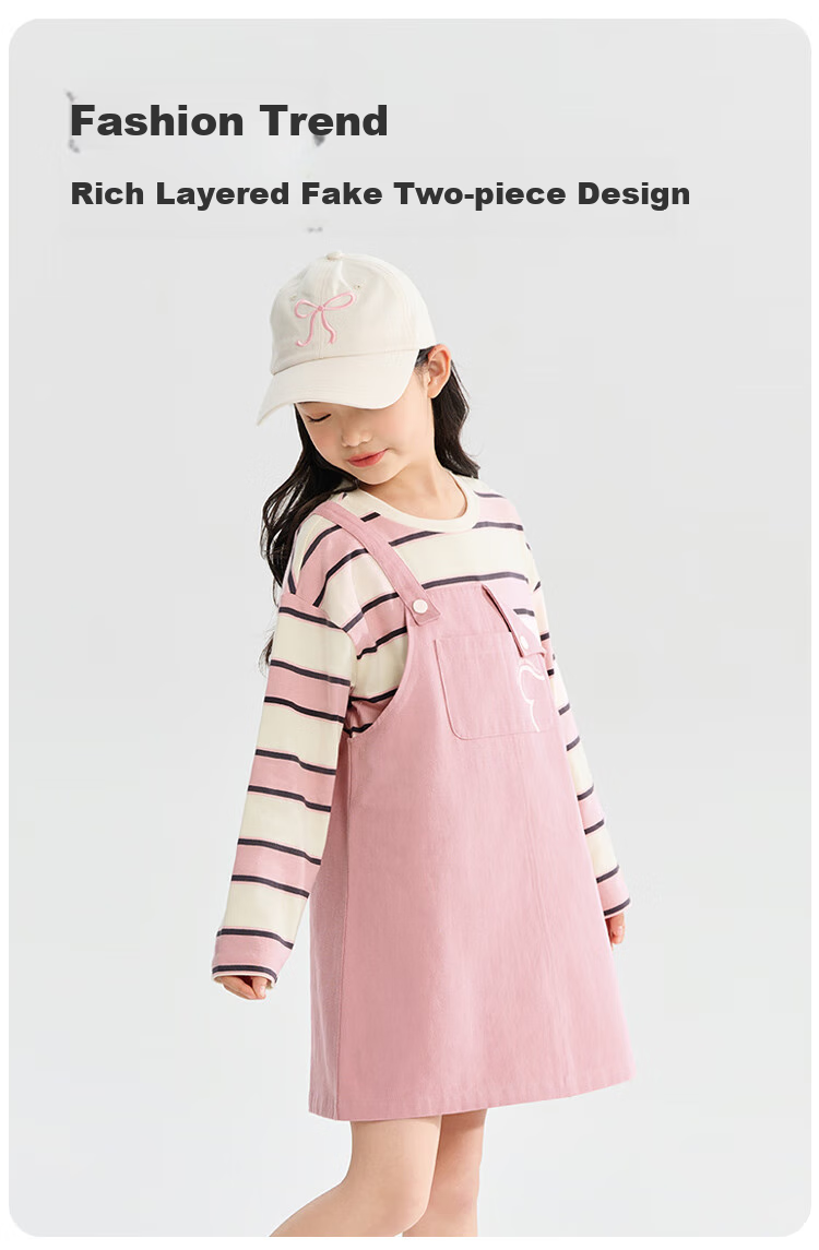 QQ DUCK Children's Clothing, Girls' Dress, Autumn 2026, Striped Suspender Dress with Fake Two-Piece Design, Stylish Student Outfit, Pink, Size 130 4