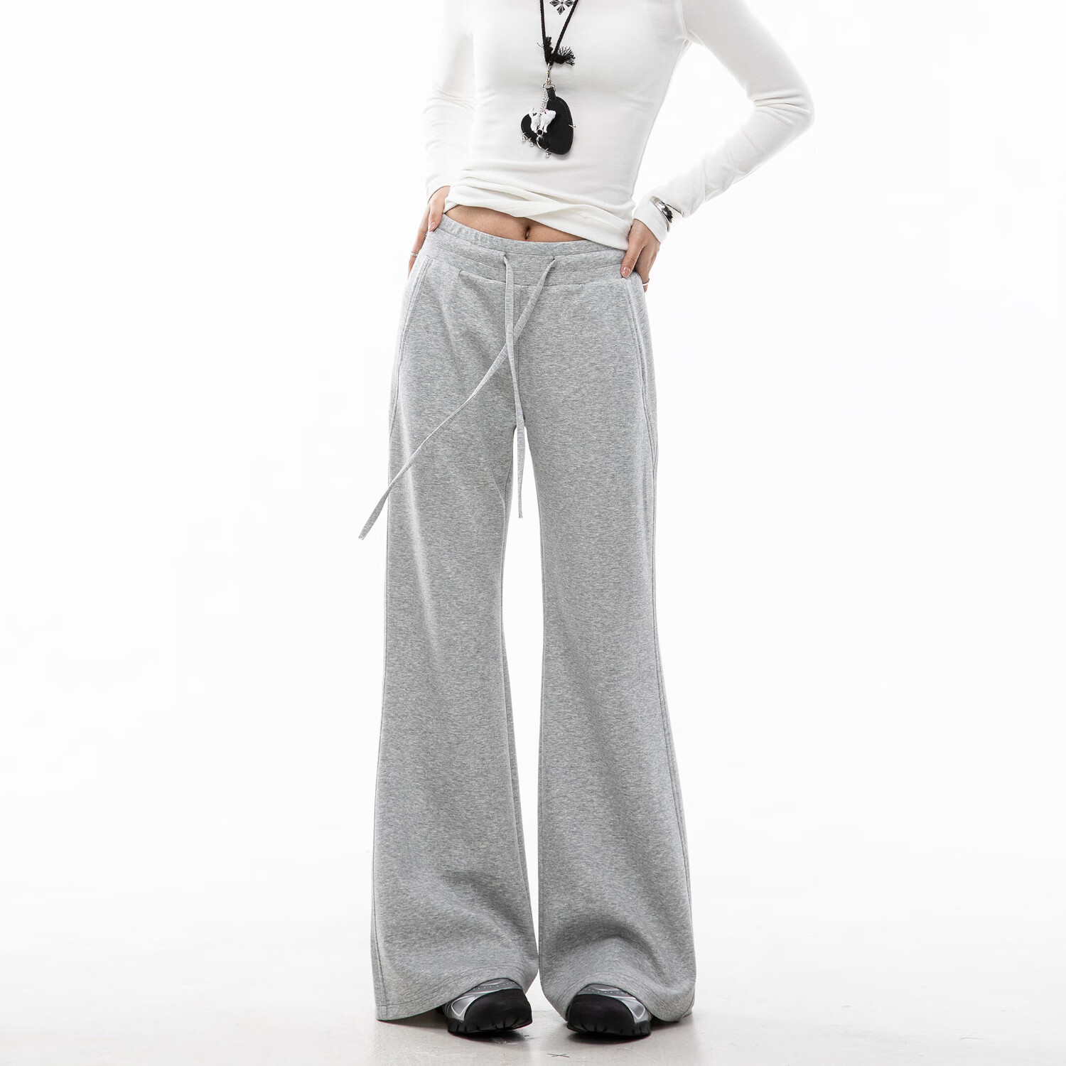 ICH MODE American Style Slight Flare Khaki Pants Women Autumn Winter Slim Wide Leg Casual Sports Sweatpants Heather Gray XL