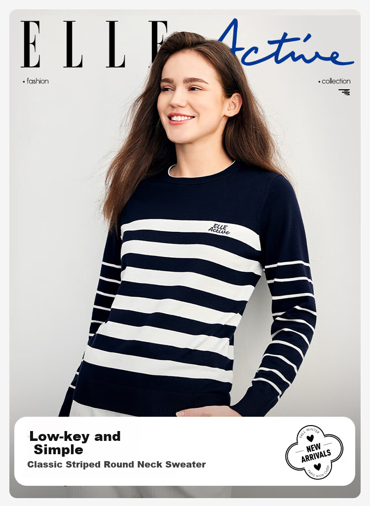 ELLE ACTIVE Striped Contrast Color Sweater for Women, Spring 2026 Style, Elegant Slimming Round Neck Long-Sleeve Knitted Top, Navy Blue/white, Size S 1