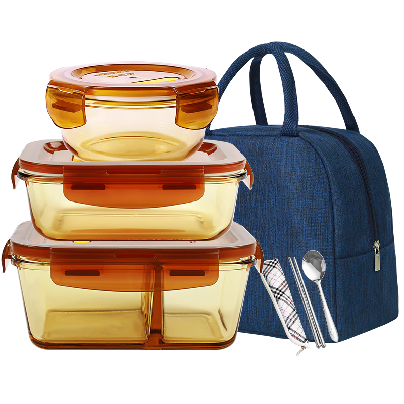 Demars Heat-Resistant Glass Food Storage Containers Microwave Lunch Box for Office Workers with 2 Compartments 1060ml+700ml+400ml + Bag + Cutlery Set