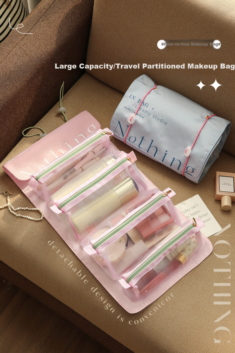 Fanyejia Foldable Travel Makeup Bag for Women, Portable Large Capacity Toiletry Bag, Storage Pouch, Travel Essential, Skincare Four-I 1
