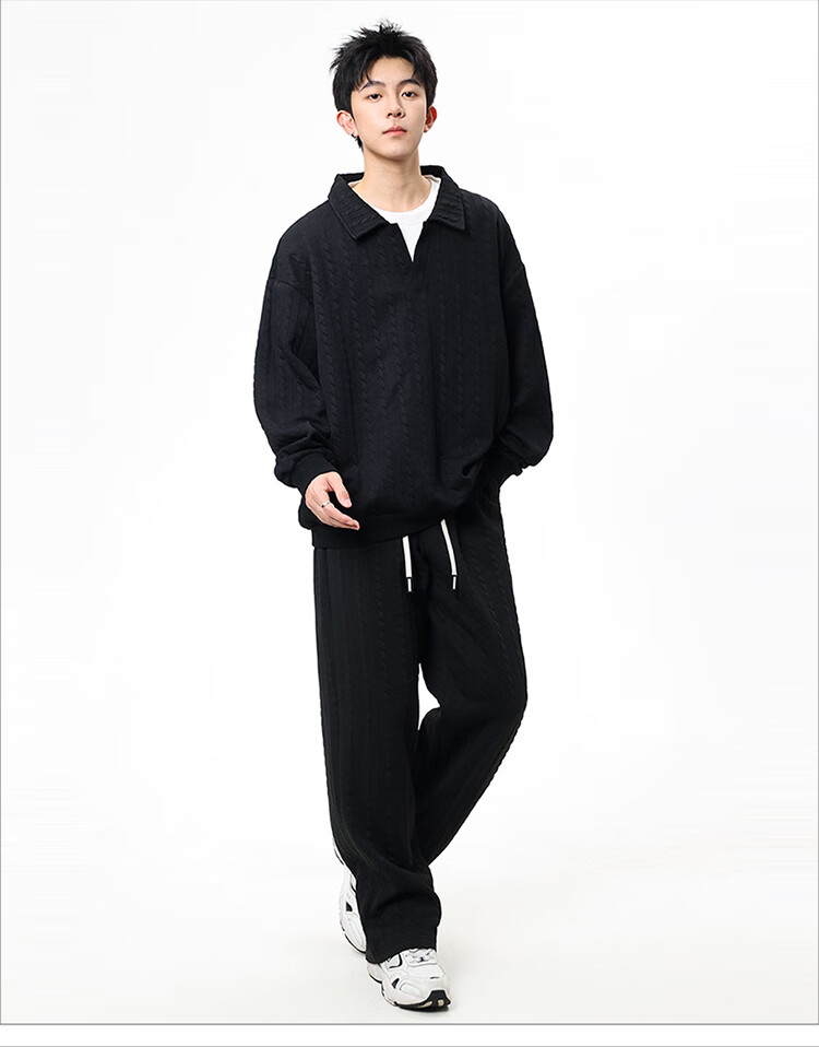 Dingfengbaoluo Men's Autumn Loose Comfortable Sports Sweatshirt and Pants Two-Piece Jacquard Casual Set XY12 Black 4XL 3