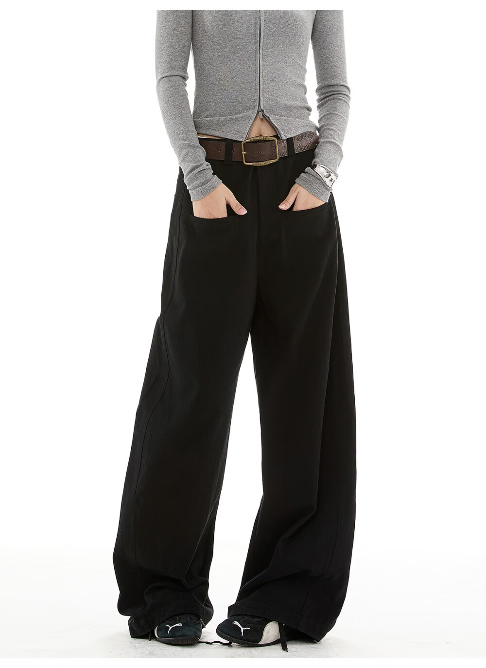 ICH MODE Women's American Vintage Casual Wide-Leg Straight Loose Sports Pants Black M 15
