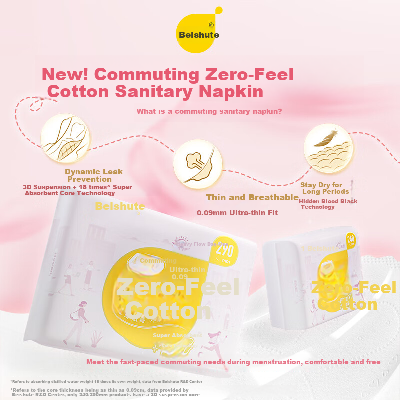 Beishute Zero-Feel Cotton, Ultra-Thin Breathable Soft Cotton Daytime Sanitary Napkins, 240mm+290mm, 40 Pieces, Menstrual Pads