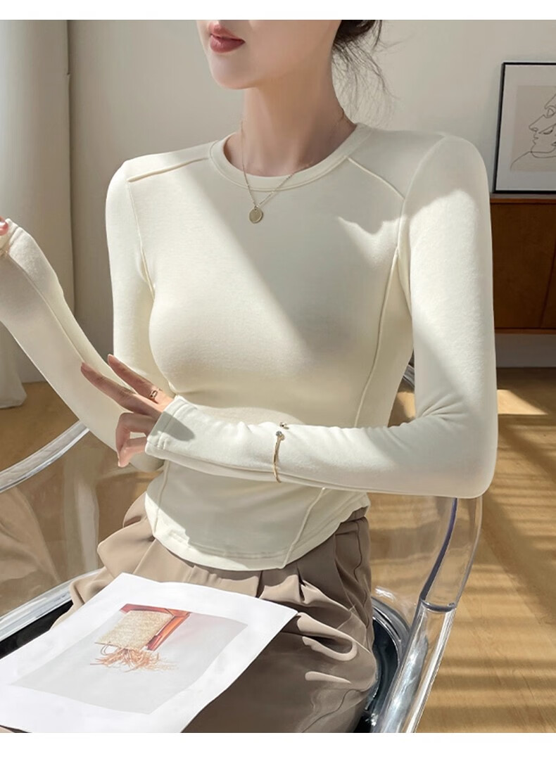 La Chapelle Crew Neck Fleece Thickened Curved Hem Herringbone Inner Layer Autumn Winter Slim Fit Long Sleeve T-Shirt Women Off-White M 5