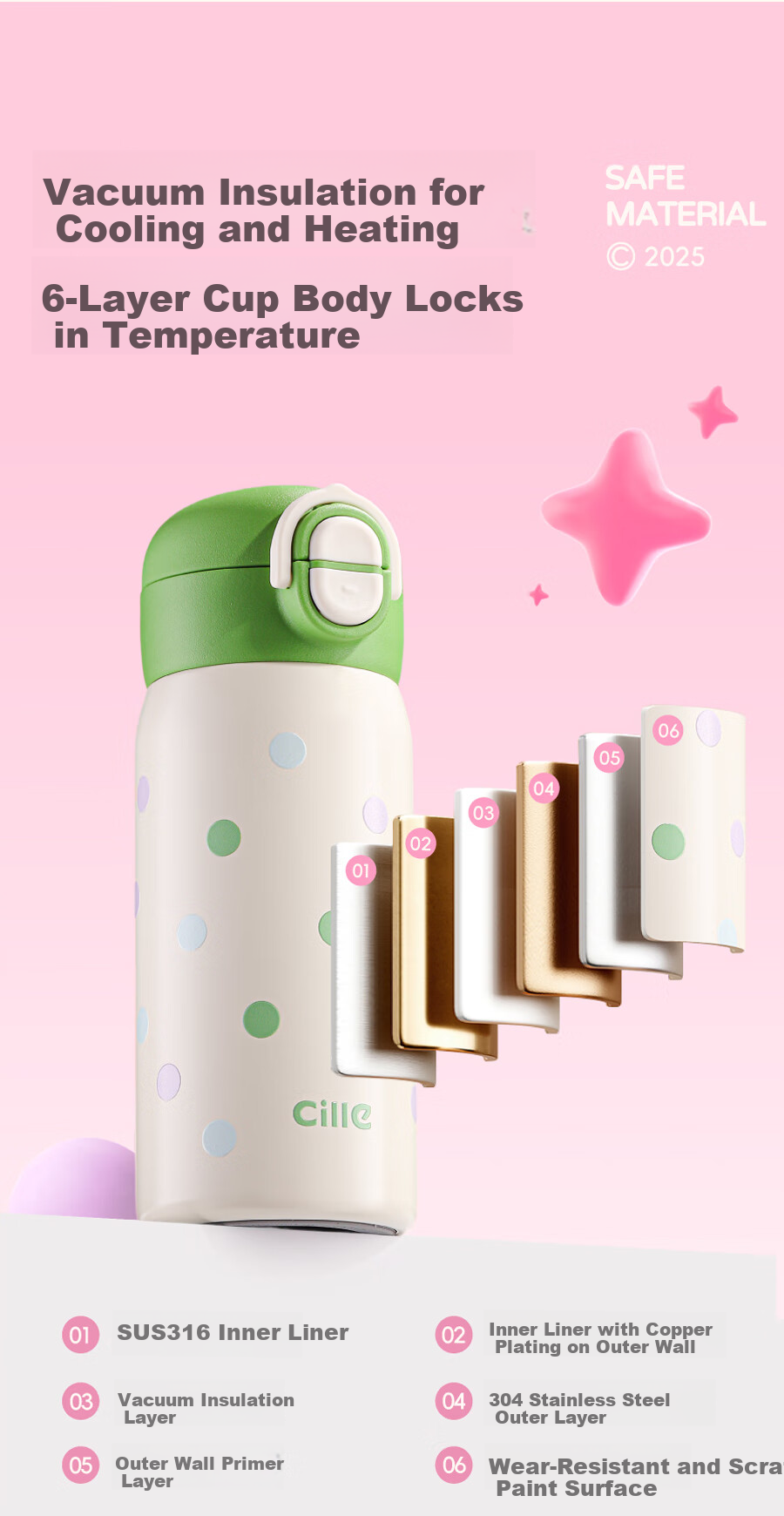 Cille Cute Sweet Dual-Use Insulated Cup, 316 Stainless Steel Large Capacity Student Water Bottle, Portable Bouncy Straw Cup for Men And Wome 3