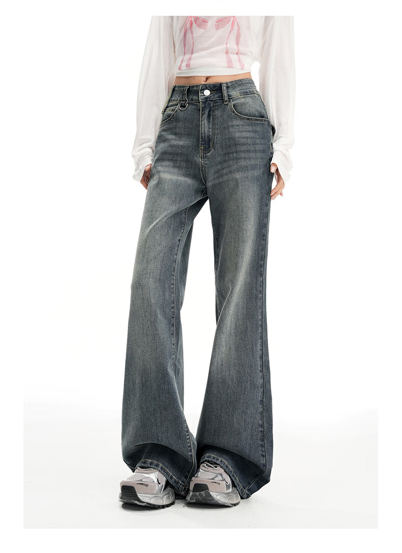 Jeanswest Women's Spring Summer High Street Slim Fit High Waist Straight Wide Leg Flared Floor-Length Jeans Retro Blue M 12