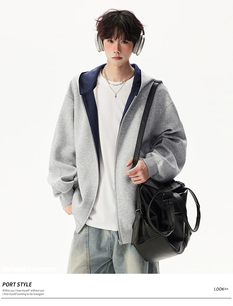 Foss Phil Men's Autumn Winter American Style Hoodie Double Zipper Colorblock Couple Zip-up Jacket 5Q1083 Black XL 1