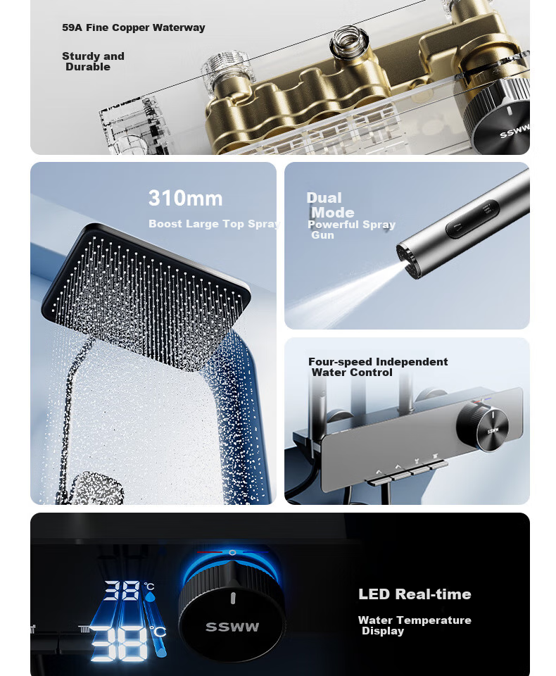 SSWW Bathroom Shower Head, Smart Piano Shower Head, Complete Set, Integrated Full Copper Pressure-Increasing Shower Device, TS9 3