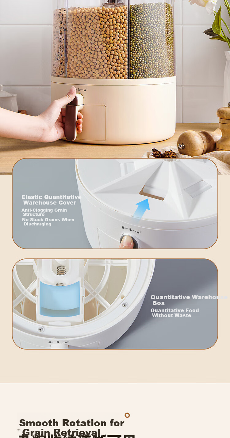 Ecoco Rice Container, Food-Grade Rotating Multi-Grain Bucket, Sealed Jar, Kitchen Storage Container for Grains, Insect-Proof Rice Box E2332 White 5