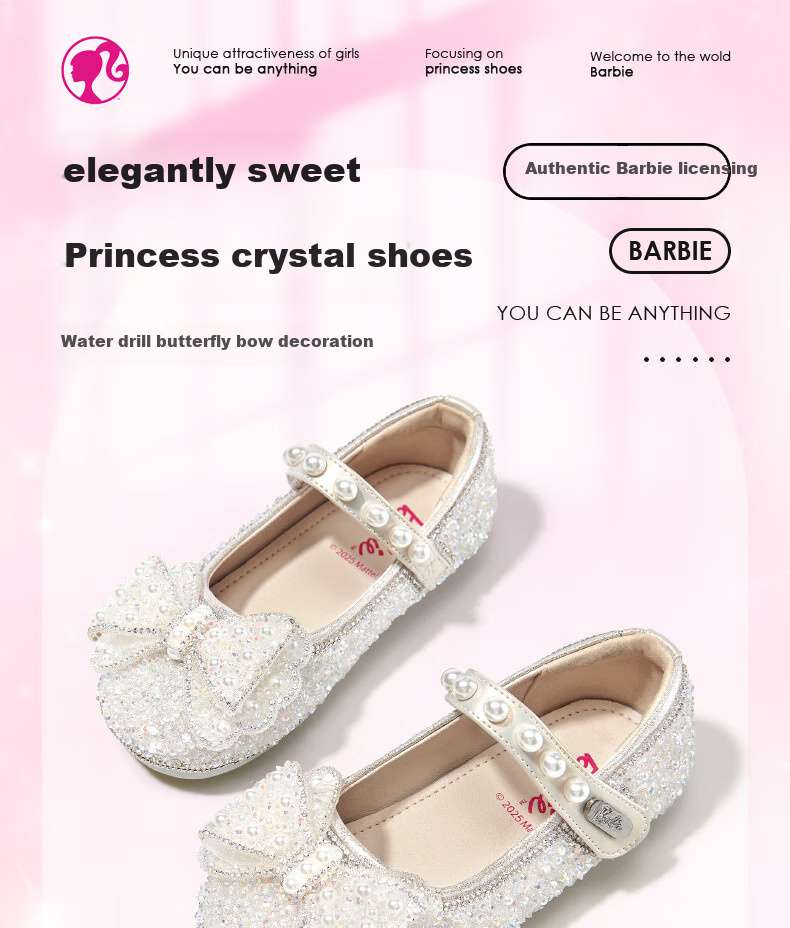 Barbie Girls' Spring And Autumn Pearl Crystal Shoes, Rhinestone Girls' Fashion Leather Shoes, Stage DA6719, Beige, Size 33 1