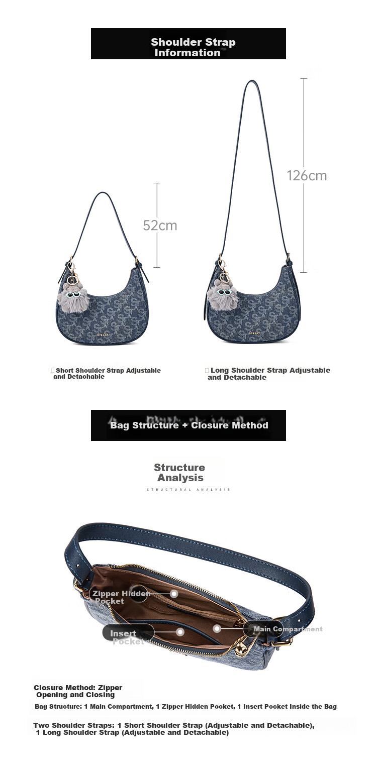 St&Sat Women's Handbag Shoulder Bag Tote Bag Underarm Bag Trendy Versatile Denim Blue Crescent Bag 520 Gift 7