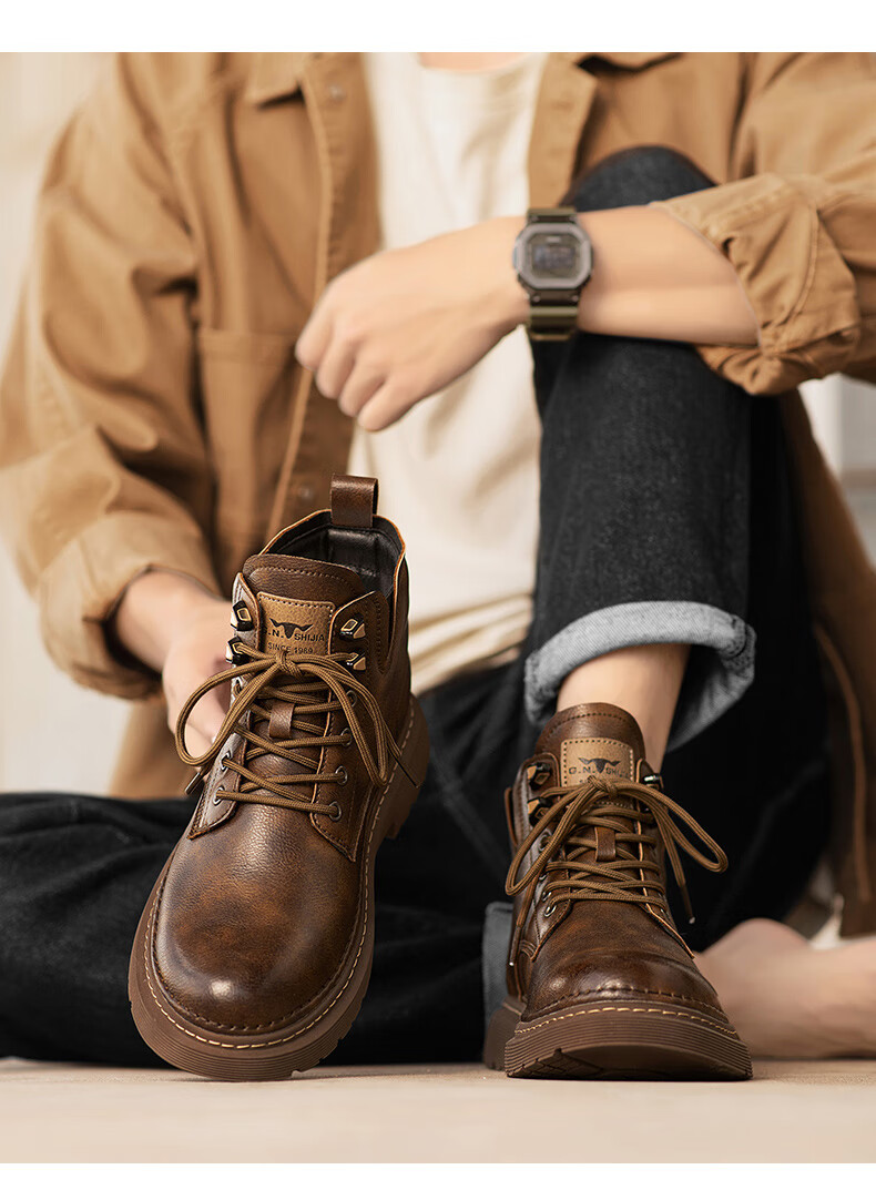 Bull Family Men's Autumn Winter New Retro British Martin Boots Fashion Versatile Work Boots Mid-High Lace-Up Leather Boots 14