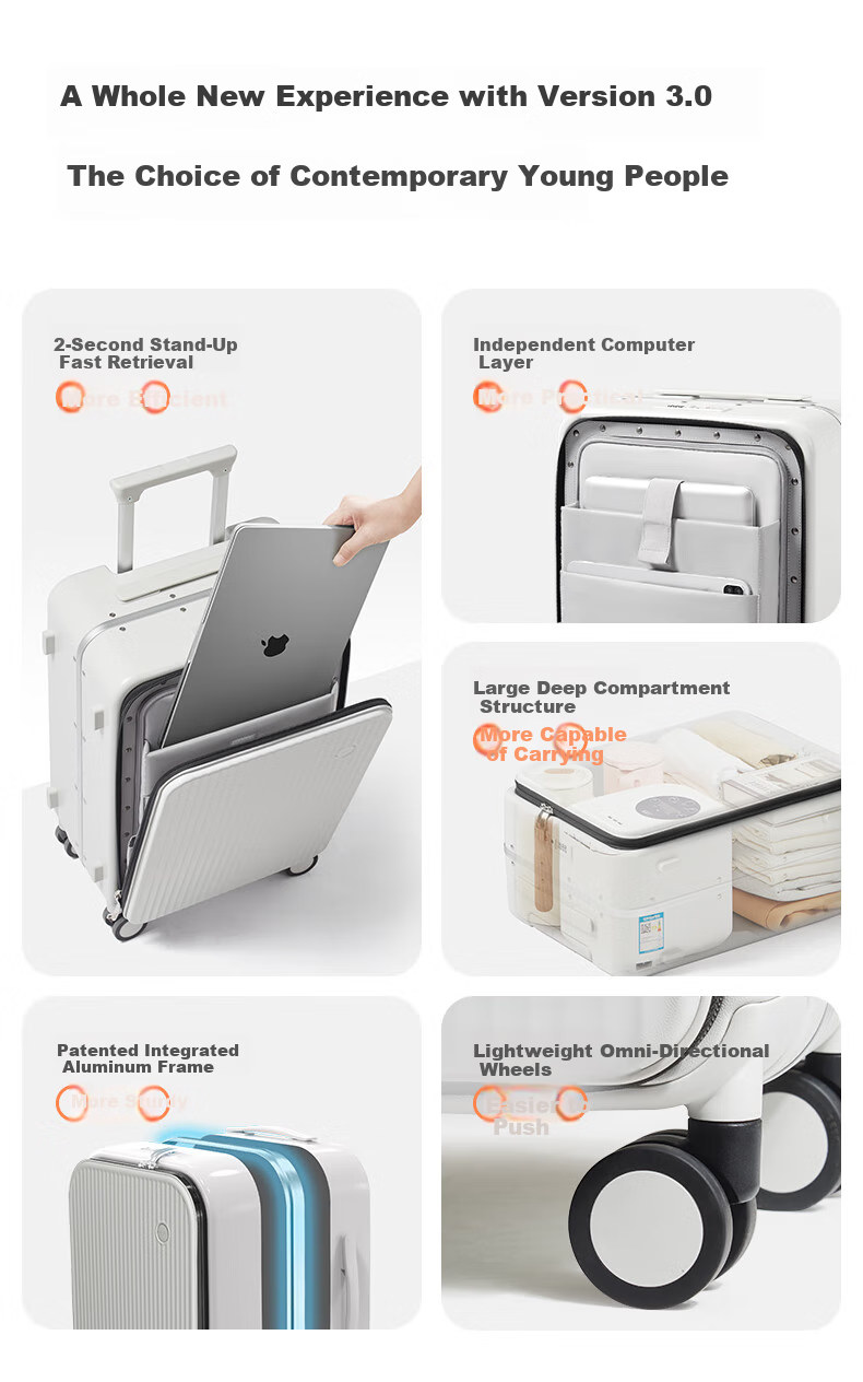 Mixi Front-Opening Aluminum Frame Suitcase, Trolley Case with Password Lock, Large Capacity Luggage for Travel, Carry-On Suitcase for Me 8