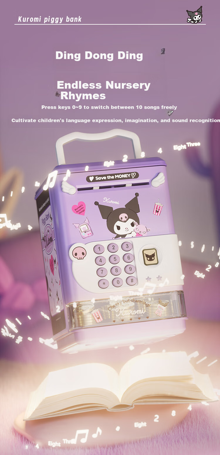 KUROMI Sanrio Melody Piggy Bank Children's Toy with Realistic Fingerprint Recognition, Savings Bank for Girls Aged 5-14 Birthday Gift 6