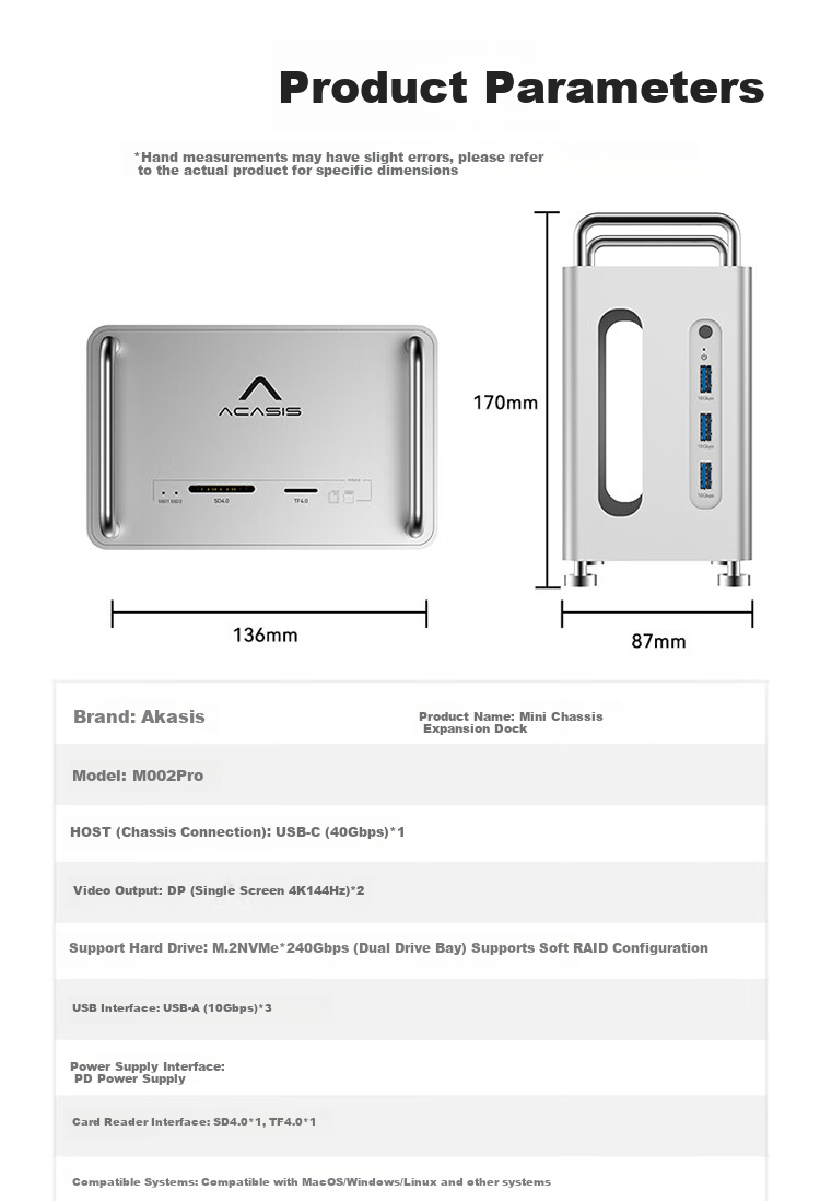 Acasis Compatible with Mac Mini M4 Expansion Dock, Hard Drive Enclosure, 40Gbps Transfer Rate, Dual DP Screen Mirroring, 16TB Capacity Expansion, Compatible with M4/M4Pro Hosts, Supports Thunderbolt 4/5 Interface, M002Pro 19
