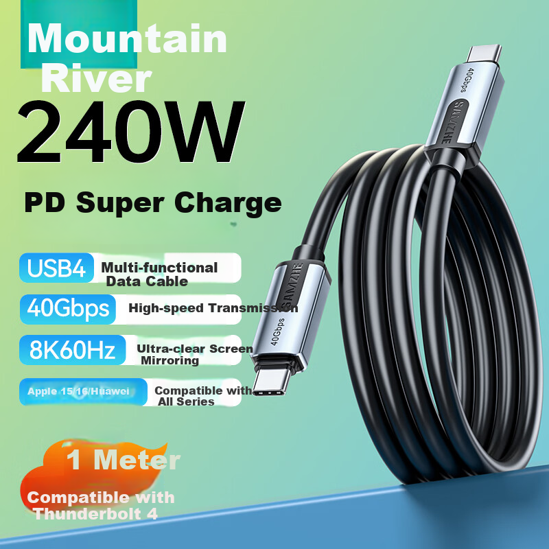 Кабель SAMZHE USB4 Type-C, 1 метр, черный, для быстрой зарядки PD 240W, совместим с Thunderbolt 4/3, для ноутбуков, планшетов, жестких дисков, видеоэкранов, Apple, Huawei, Honor