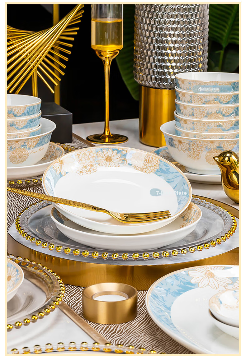 Haoya 24-Piece Bowl And Plate Set, Jingdezhen Ceramic Tableware Set, Bowls, Plates, Dishes, And Utensils Set, Timeless Journey 3