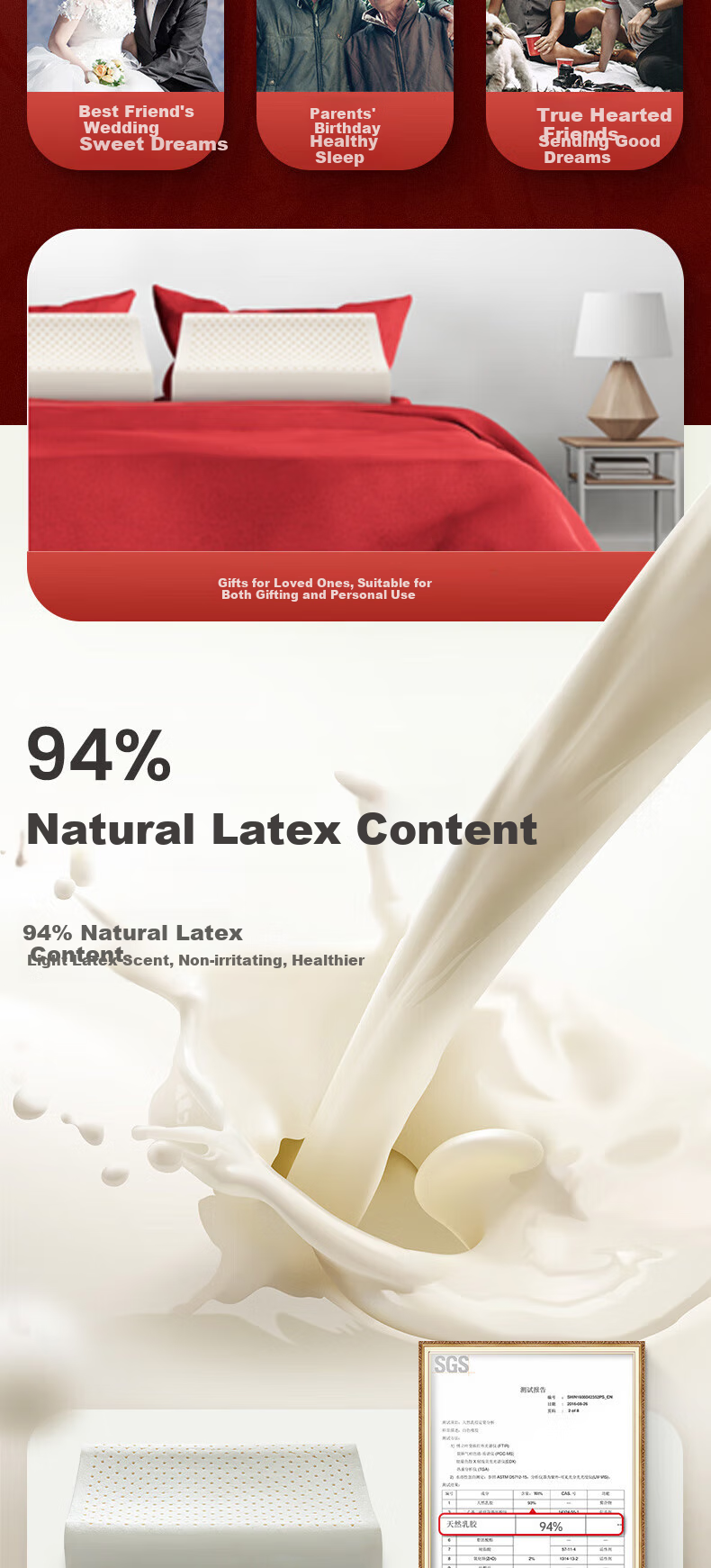 Latex Systems Thailand Original Latex Pillow Core, 94% Content, Wedding Couple Sleep Wave Breathable Pillow, Gift Box Set of Two 4