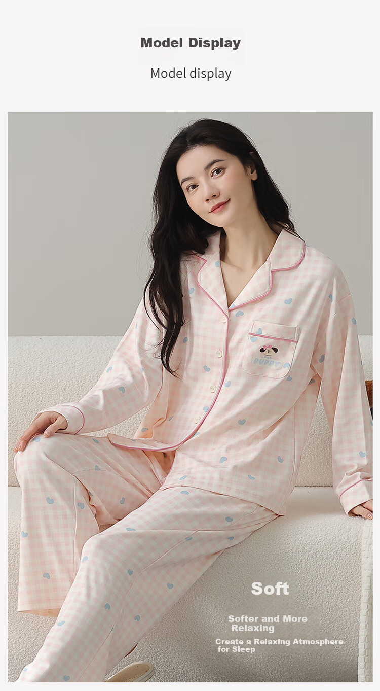 Ordifen Women's Pajamas, 100% Pure Cotton, Turn-Down Collar, Long Sleeves, Plaid Pattern with Cute Dog Pocket, Wearable Outside, Loungewear, Pink, Size M 2