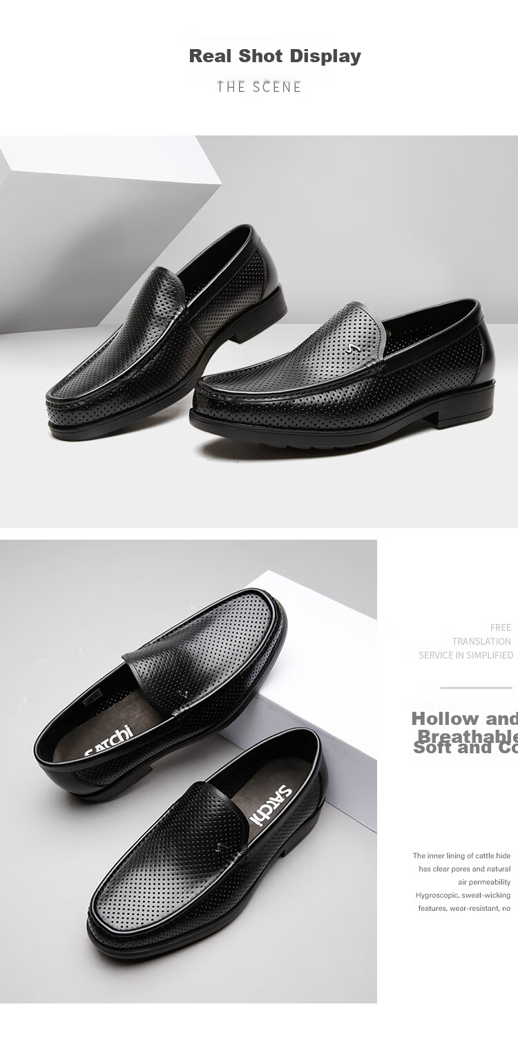 SATCHI Men's Shoes, Breathable Leather Shoes for Men, Hollow-Out Men's Leather Shoes, Sandals, Business Casual Shoes, 752143078Z, Black, Size 39 4