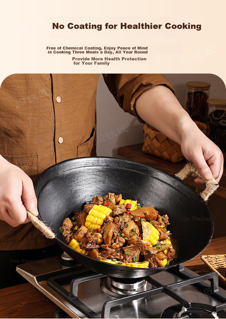 Yan Blacksmith Zhangqiu Cast Iron Double-Handle Wok Non-Coated Raw Iron Stir-Fry Pan Thickened Traditional Round Bottom 40cm 4