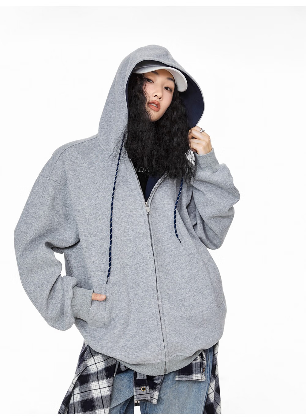 ICH MODE Women's Hoodie American Vintage Loose Fit Zip-up Sweatshirt Spring Autumn New Light Heather Gray L 27