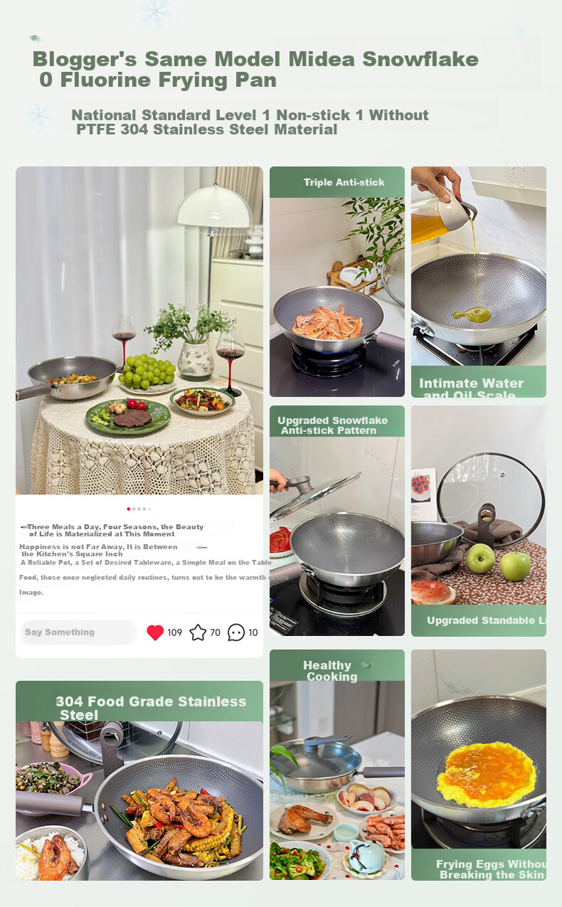 Midea Non-Stick Wok, Stir-Fry Pan, Induction Cooker Compatible, 304 Stainless Steel Pot, Gas Stove Ceramic Pan, Zero Fluorine Snowflake Non-Stick Core 1