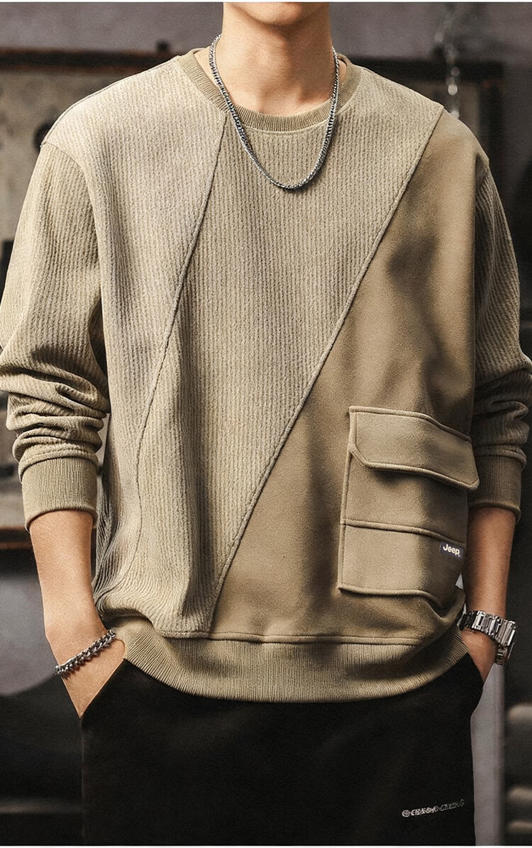 JEEP Men's Sweatshirt, Autumn And Winter Heavyweight Base Layer, Loose Chenille Top, Color-Block Menswear, Khaki, 2XL 6