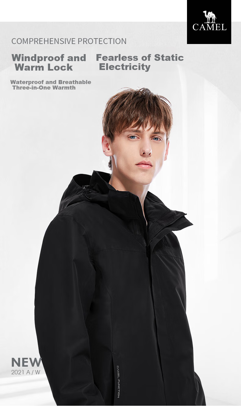 CAMEL Outdoor Jacket, Three-In Fleece-Lined Thick Waterproof Couple's Coat, Mountaineering Clothing, A9W114120-1X 1
