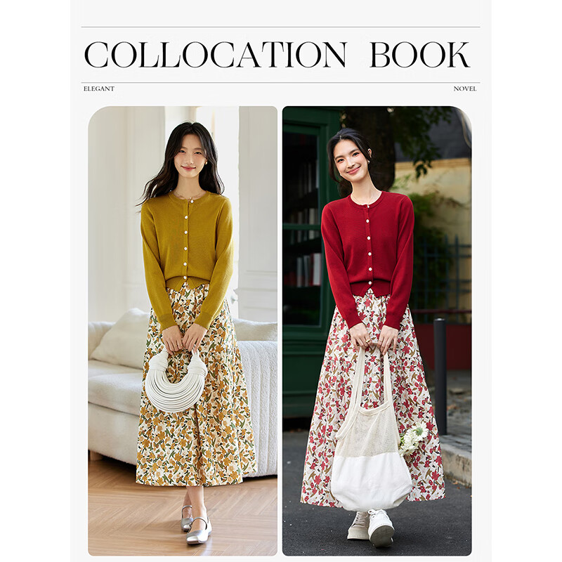 Fanximan Holiday Style Casual Set Women Autumn New Knitted Top and Skirt Two-Piece Set Apricot Base Red Floral L