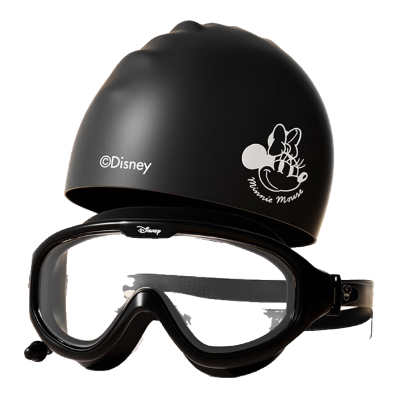 Dishini Swimming Goggles for Women, Adult High-Definition Waterproof Anti-Fog Swim Glasses And Cap, Large Frame Two-Piece Set D65118 Transparent Black