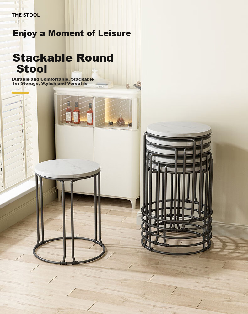 KULIN Dining Stool, Stackable Round Stool for Home Use, Simple Dining Chair with Steel Legs, White Round Stool (Set of 4) 1