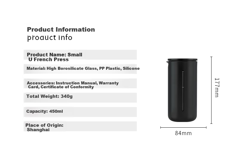 Timemore Small U French Press 450ml, Pour-Over Coffee Maker, Glass Coffee Filter Cup, French Press 10