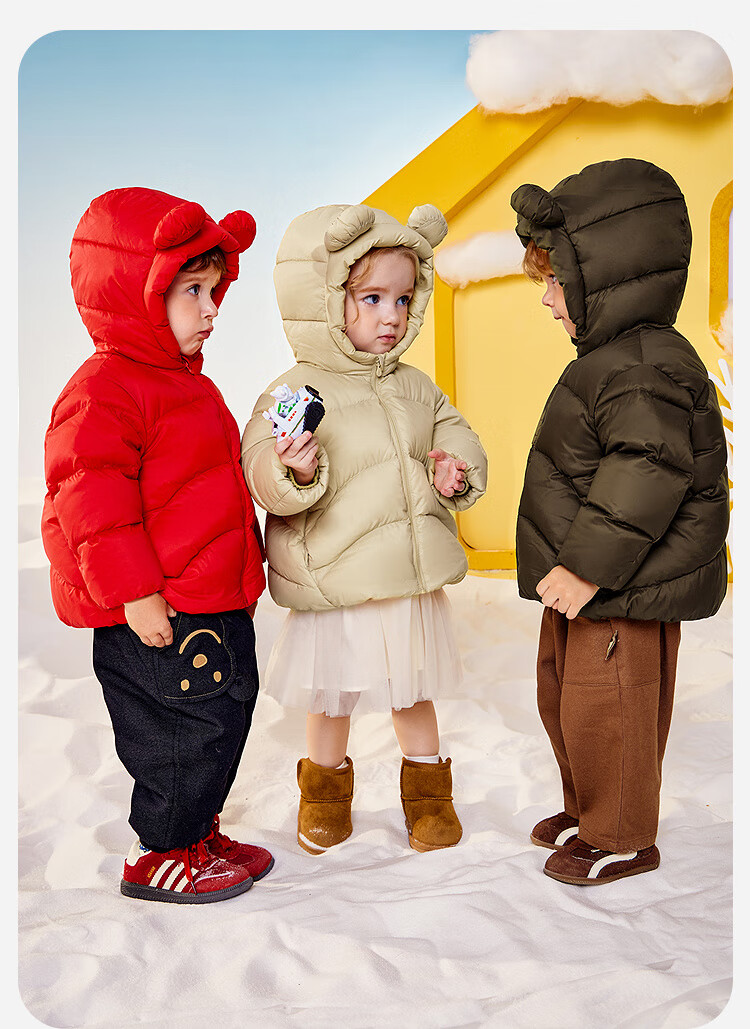 Minibala Kids Unisex Puff Down Jacket with Bear Windproof Hood Winter 2025 New Year Outfit 1