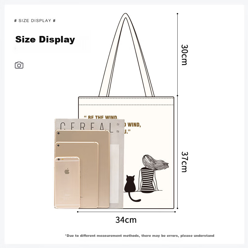 Baicaoyuan Canvas Bag, Tote Bag, Shopping Bag, Fabric Bag, Handbag, Eco-Friendly Bag, Storage Bag, Cat Patter