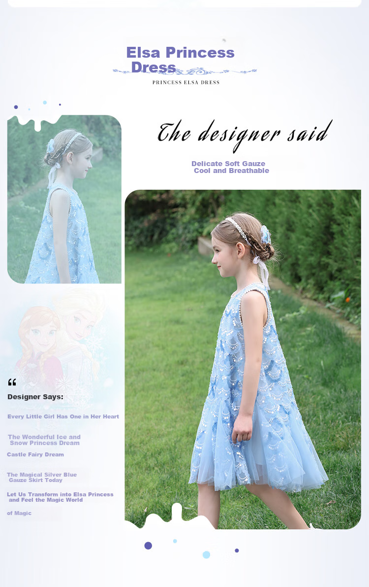 Disney Elsa Princess Dress Girls New Summer Dress Kids Summer Clothing 2026 New Arrival 3