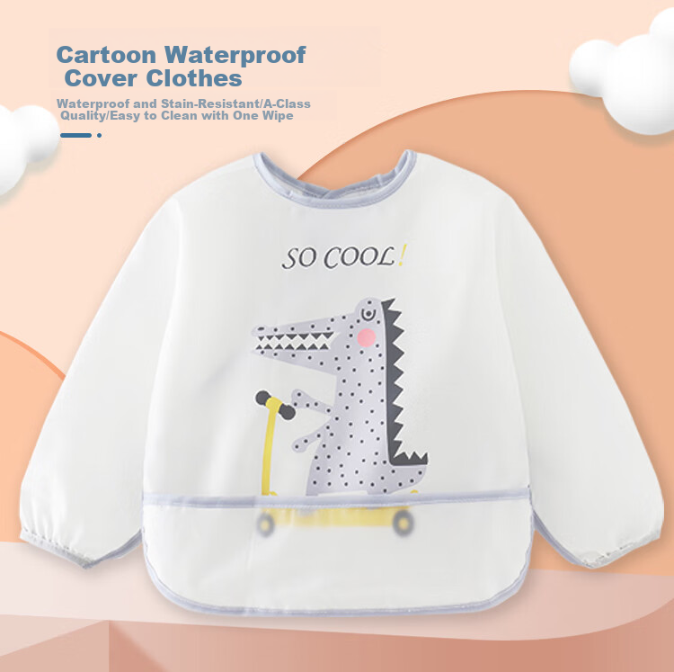 9I9 Baby Eating Smock, Waterproof Long-Sleeve Infant Apron, Kindergarten Bib, Drawing Smock, Anti-Dirt A110 Dinosaur 1