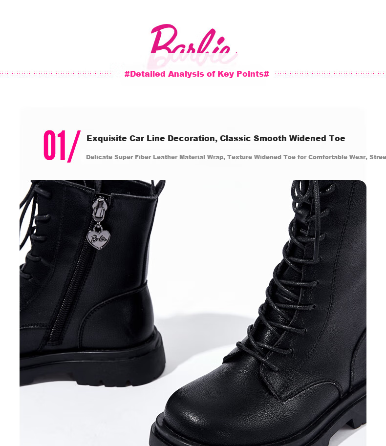 Barbie Children's Shoes, Girls' Spring And Autumn Martin Boots, Single-Lined Mid-Calf Leather Boots, Versatile Black Boots for Kids, DA6567 Black, Size 37 8