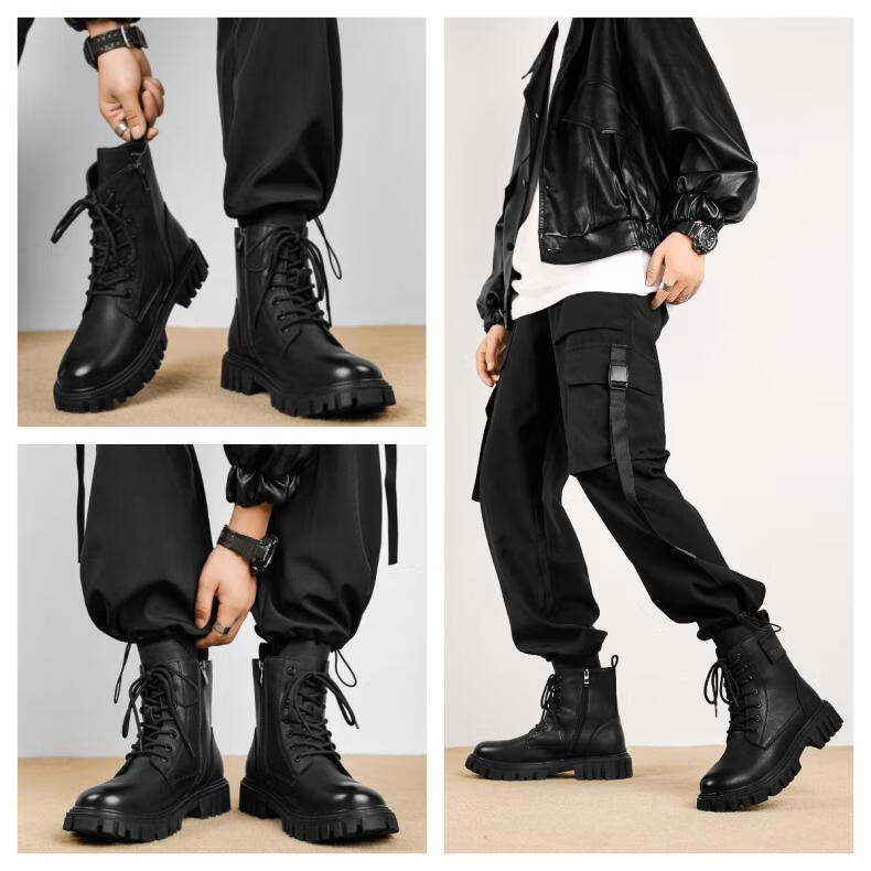 XO Men's Martin Boots Leather 2025 Autumn Winter High-Top Thick-Soled Work Boots Black Size 43 4