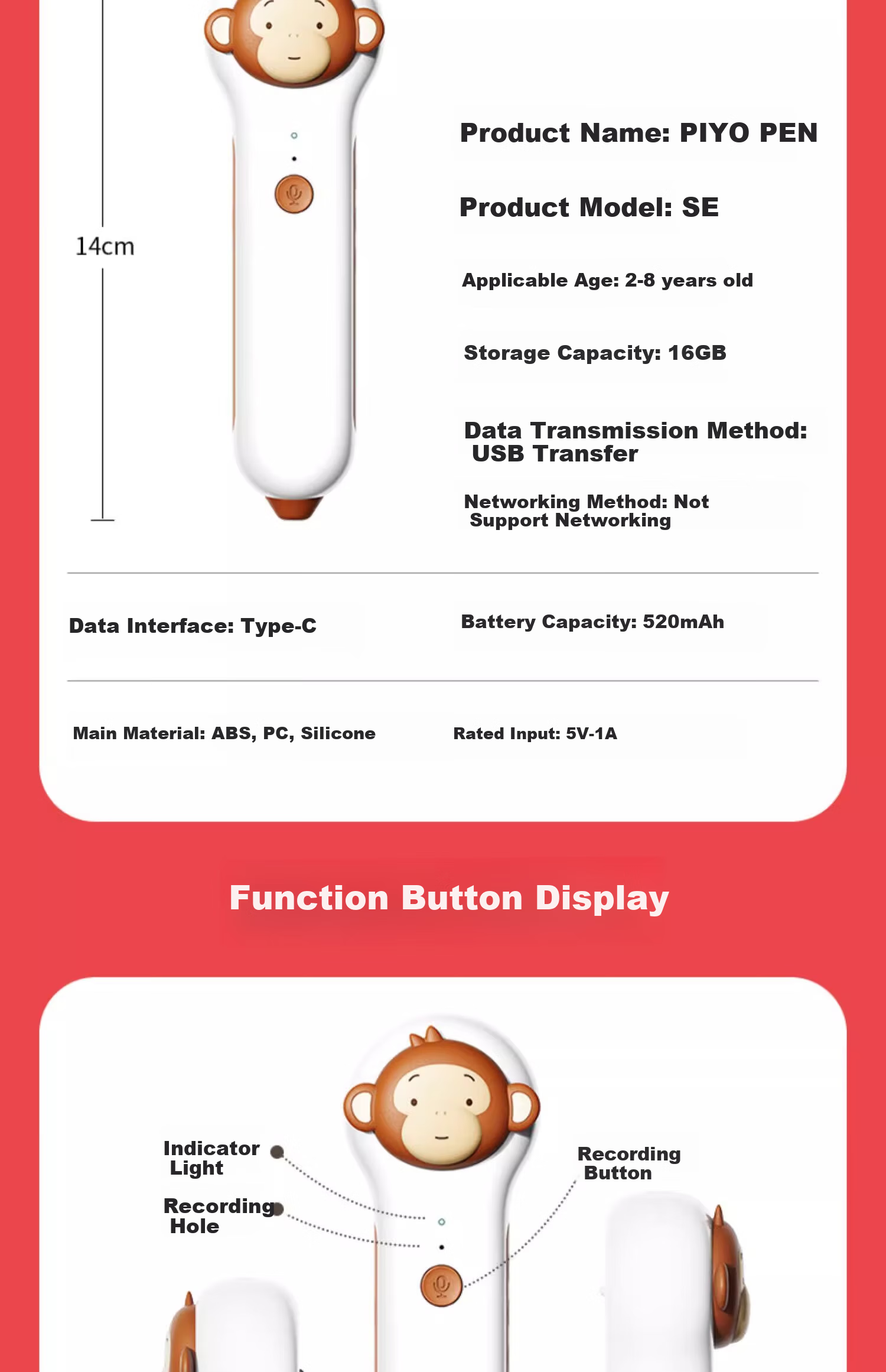 PIYO PEN Monkey Pipi Reading Pen, Children's English Enlightenment Early Education Machine, Reading Pen Toy, Birthday Gift for Boys And Girls 11
