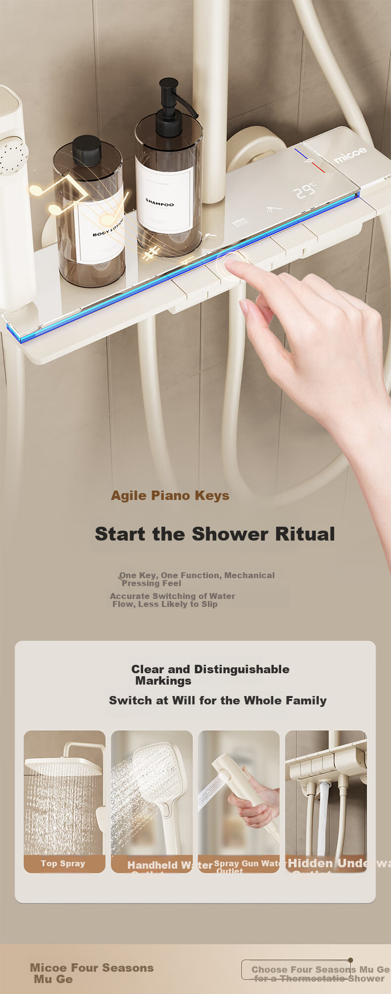 MICOE Constant Temperature Shower Set, High-Pressure Brass Shower Head with Piano Key Digital Display And Ambient Light, Cream White Shower Head Complete Set M7+Plus 8