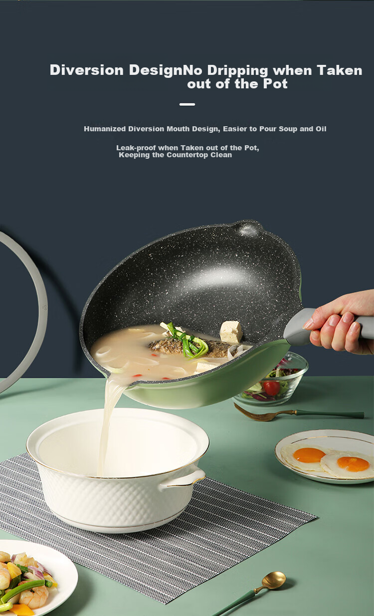 COOKER KING Cookware Set Non-Stick Wok Frying Pan Milk Pot Three-Piece Set Compatible with Induction Cooker Bamboo Green Stone B50045 3