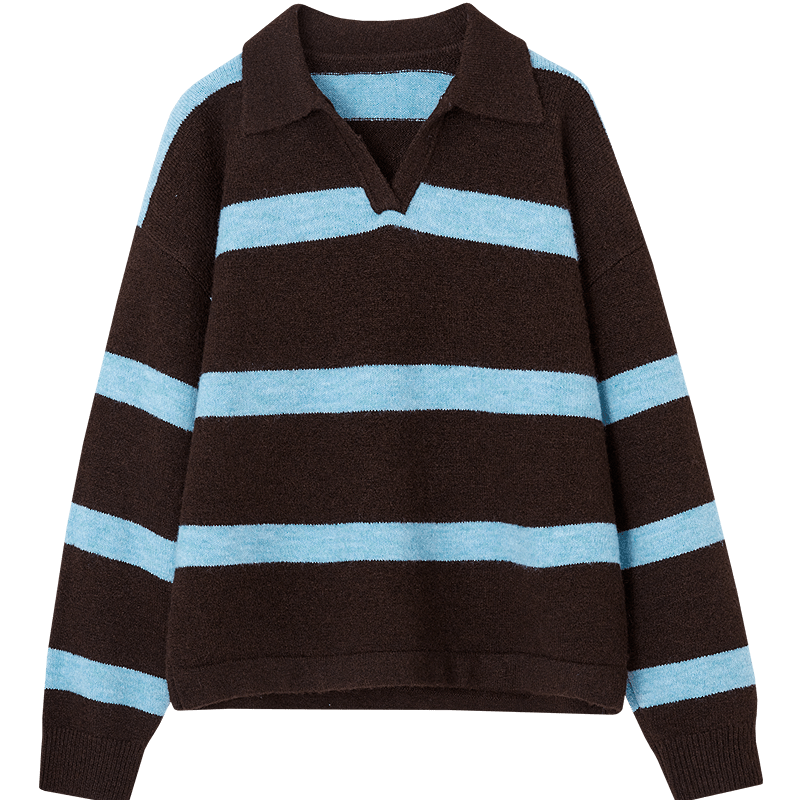 Demana Sea Salt Canelé Winter Retro Colorblock Striped Lapel Wool Blend Knit Sweater for Women
